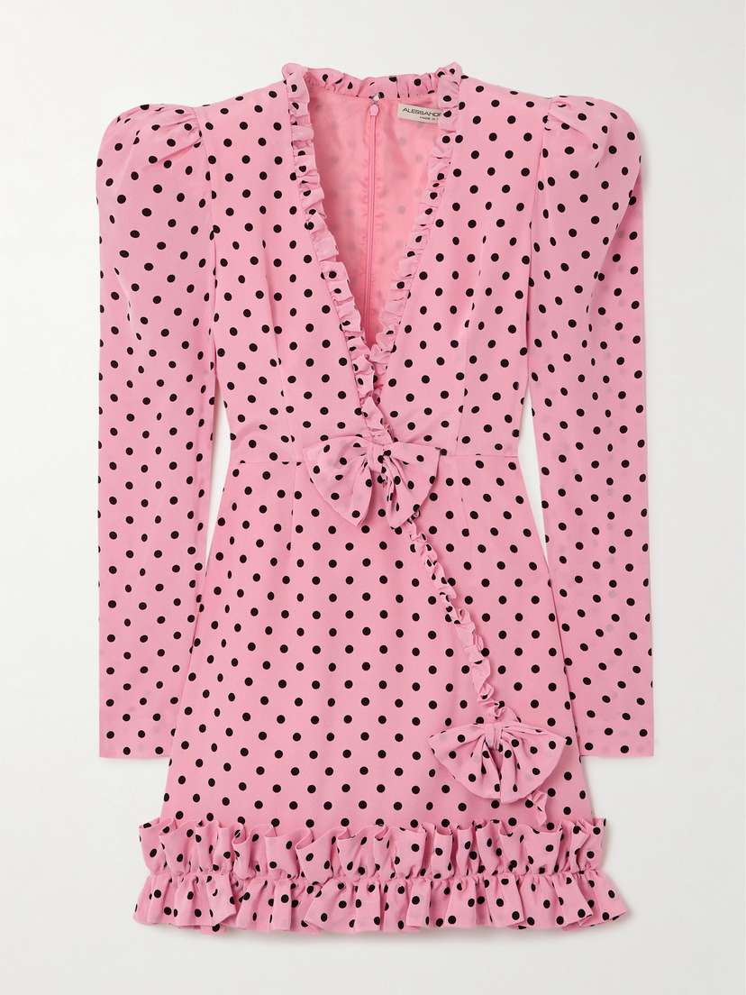 Alessandra Rich Bow-embellished Ruffled Polka-dot Silk-crepe Mini Dress