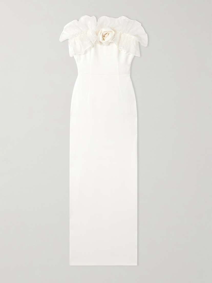 Alessandra Rich Strapless Appliquéd Ruffled Silk Organza-trimmed Cady Gown