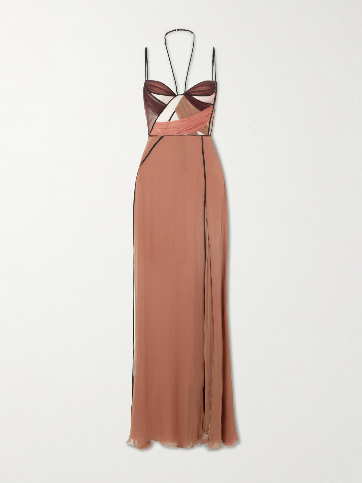 Nensi Dojaka Mae Cutout Draped Tulle-trimmed Silk-chiffon Gown In Brown