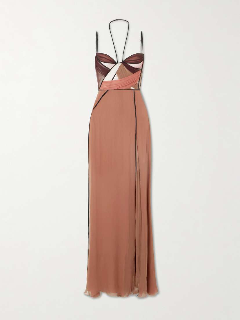 Nensi Dojaka Mae Cutout Draped Tulle-trimmed Silk-chiffon Gown