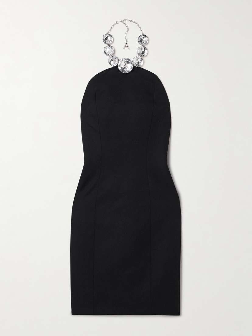 AREA Embellished Wool-twill Halterneck Mini Dress
