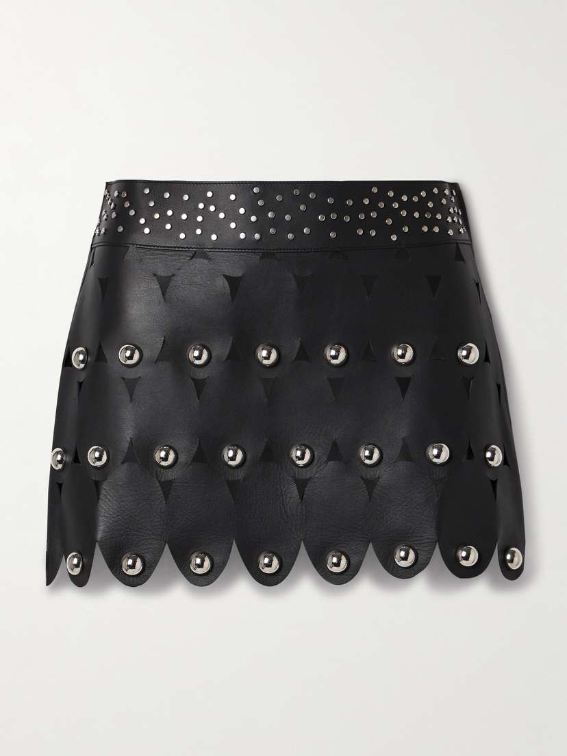 AREA Studded Cutout Leather Mini Skirt