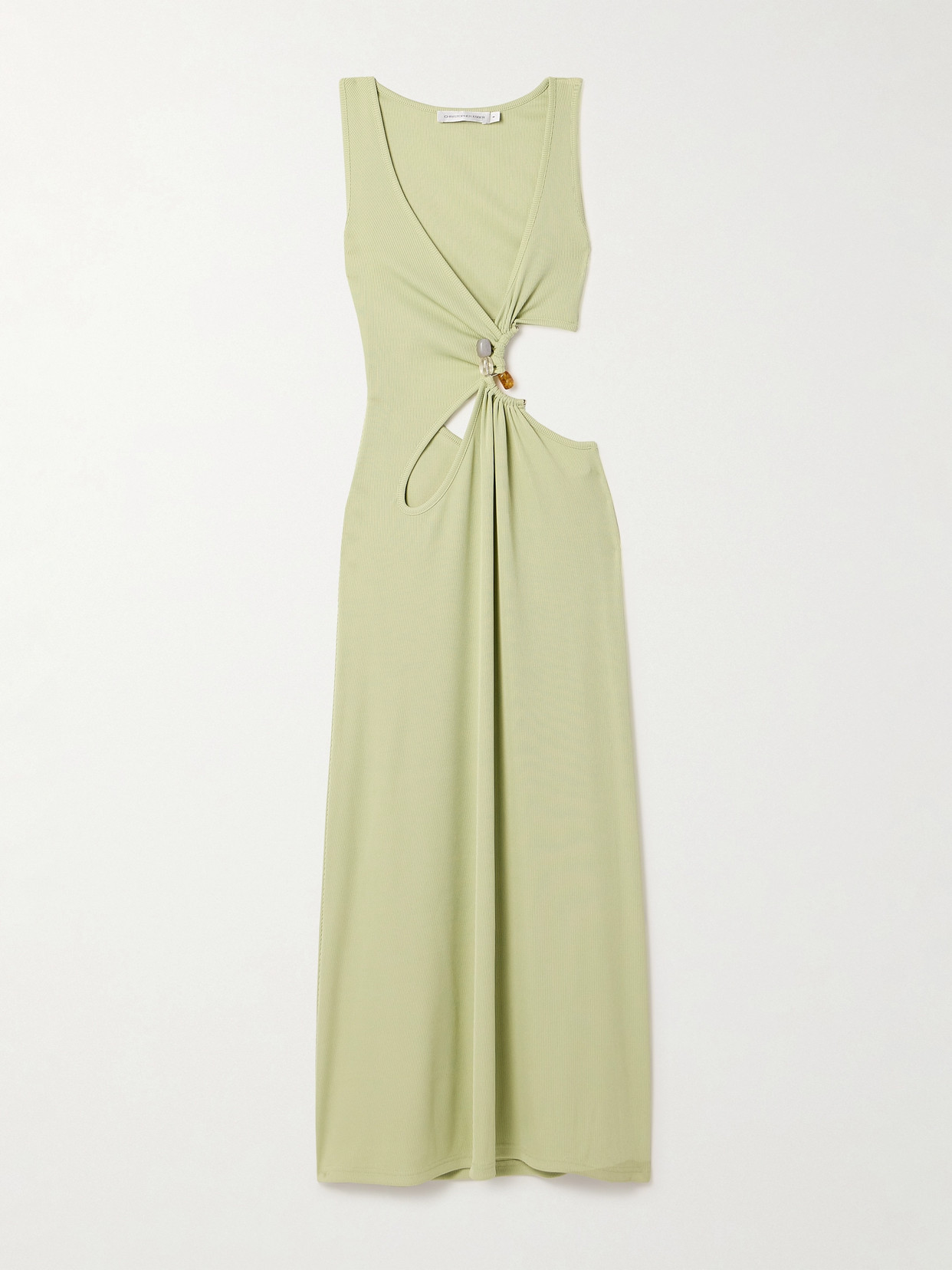 Christopher Esber Stone Cavern Embellished Cutout Ribbed-knit Maxi Dress In Green