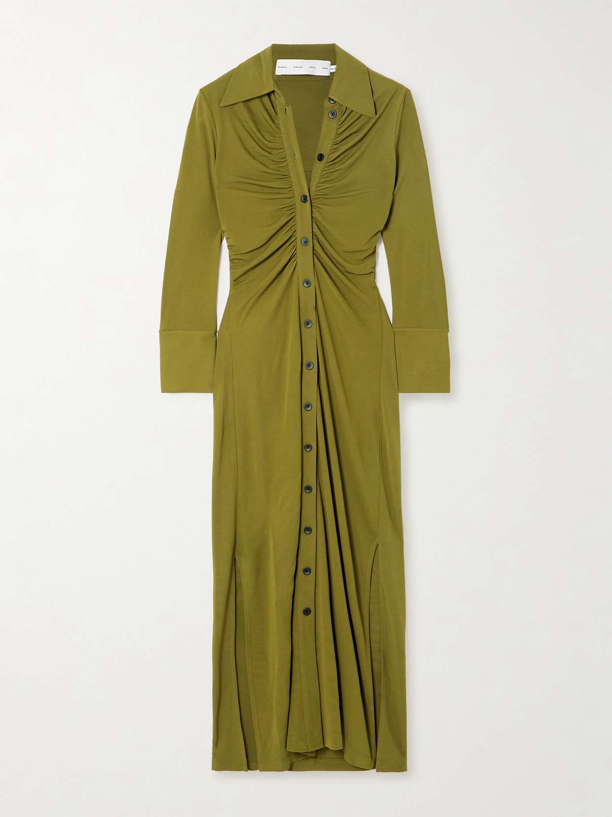 Proenza Schouler White Label Clara Long-sleeve Ruched Maxi Shirtdress In Olive