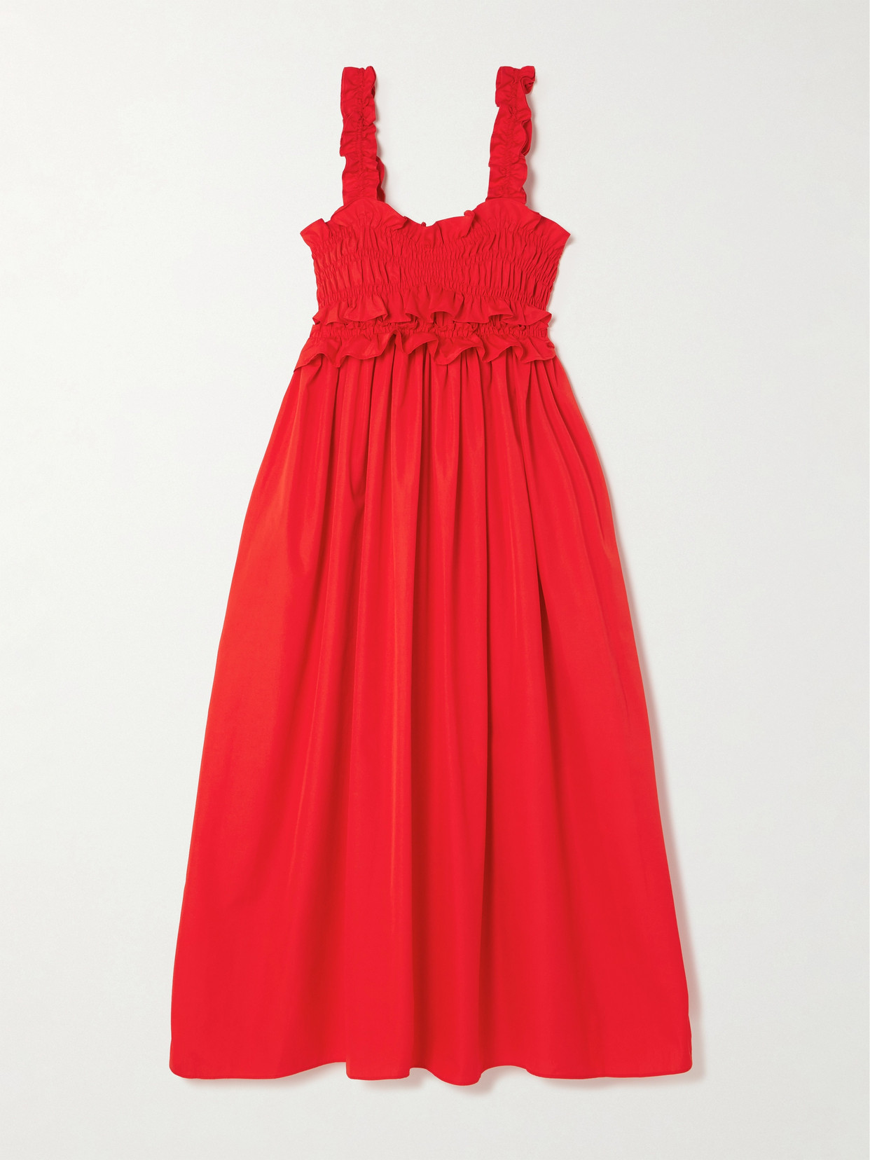 Shop Cecilie Bahnsen Giovanna Ruffled Smocked Cotton-poplin Maxi Dress In Red