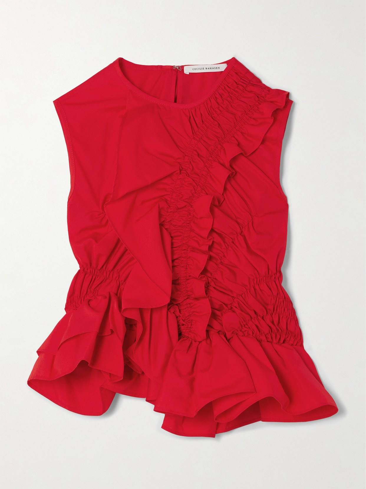 Cecilie Bahnsen Geo Ruched Ruffled Cotton-poplin Top In Red