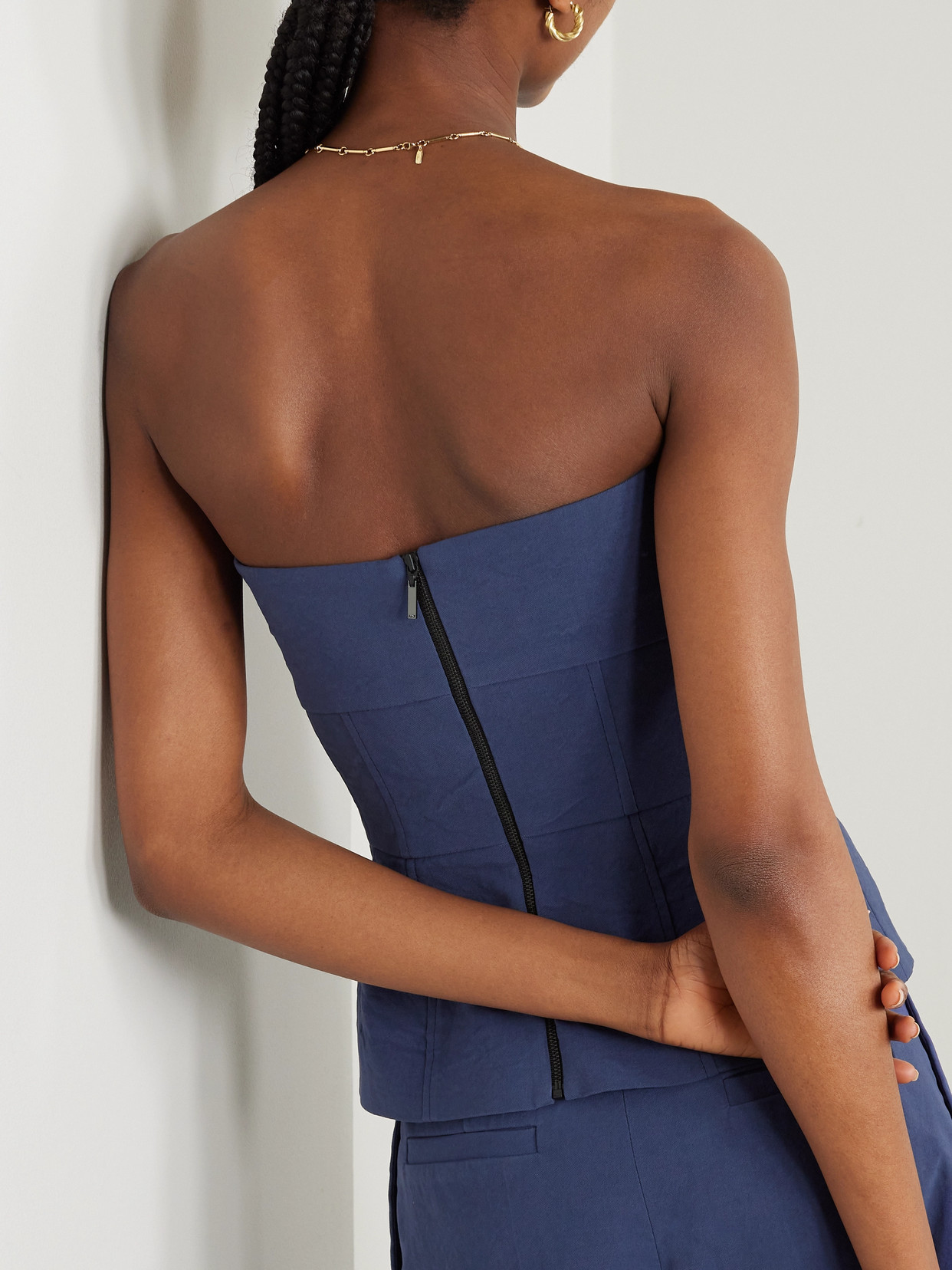 Tove Ruby Gathered Linen-blend Twill Peplum Bustier Top In Blue