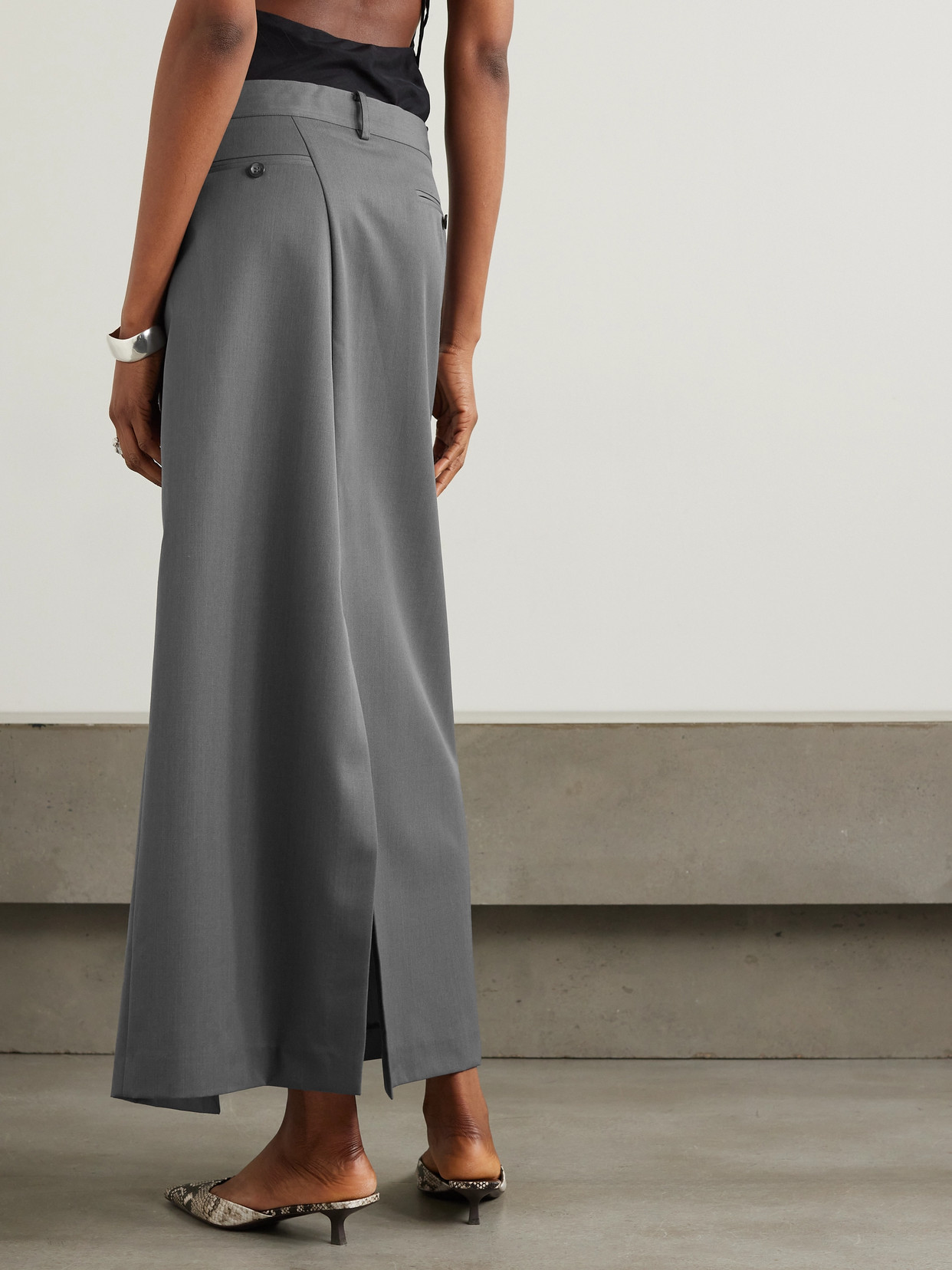 Shop St Agni + Net Sustain Asymmetric Wool-blend Twill Maxi Wrap-effect Skirt In Gray