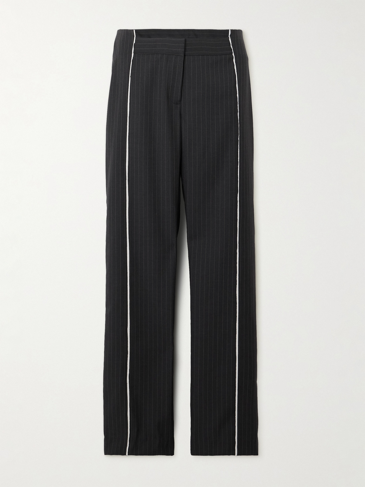 St Agni + Net Sustain Layered Piped Pinstriped Wool-blend Straight-leg Trousers In Black