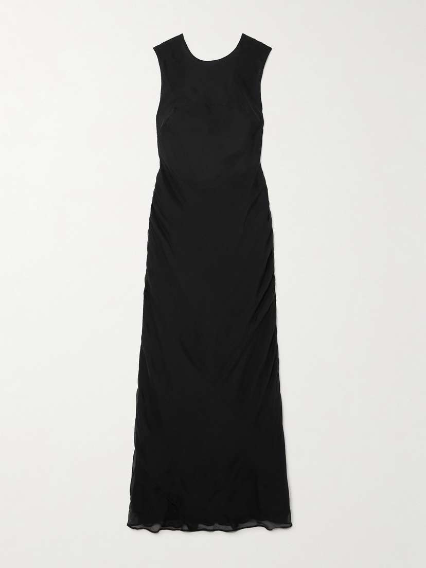 St. Agni Open-back Ruched Pinstriped Silk-voile Maxi Dress