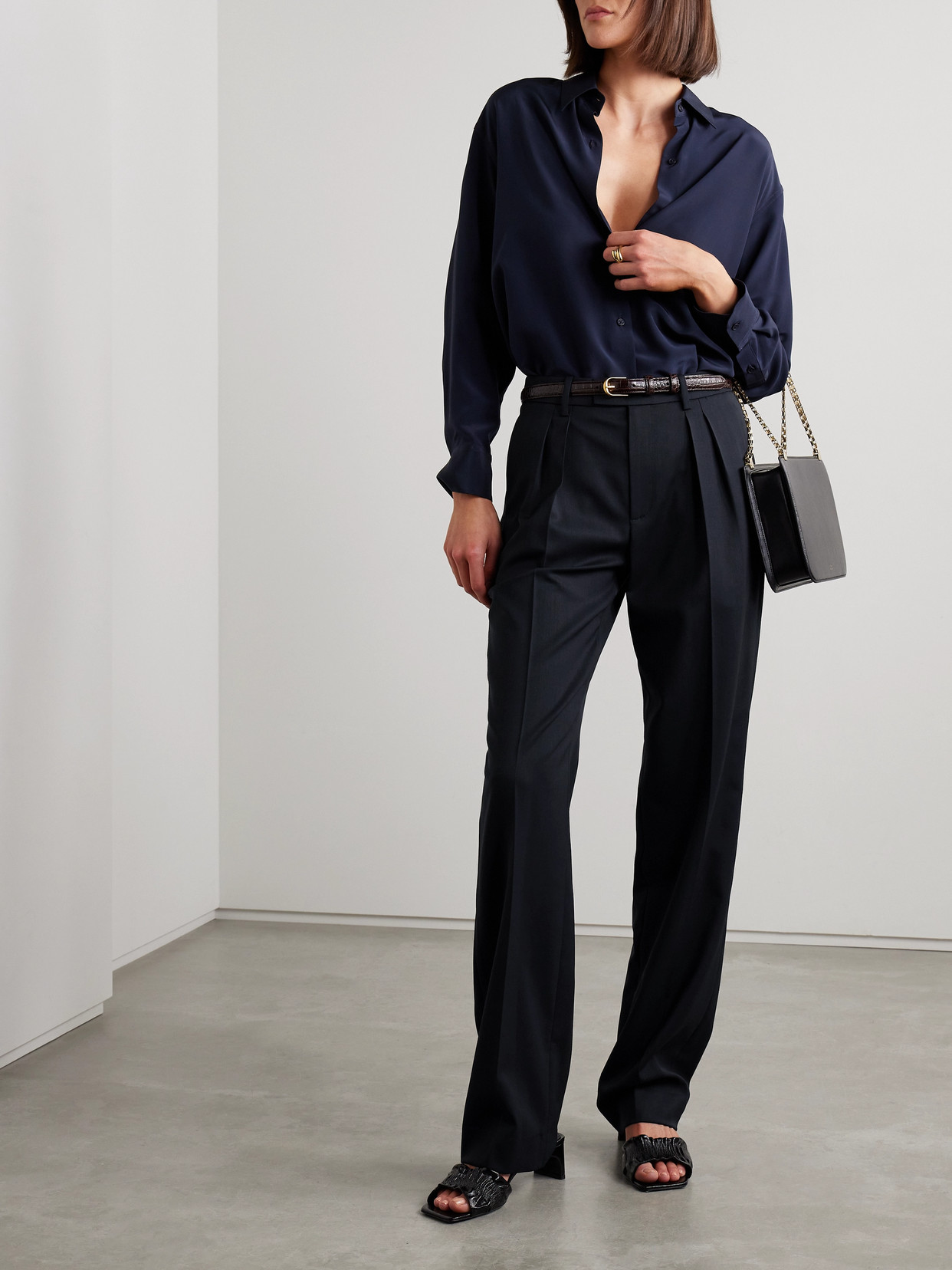 Nili Lotan Alphonse Pleated Wool-blend Twill Straight-leg Pants In Blue