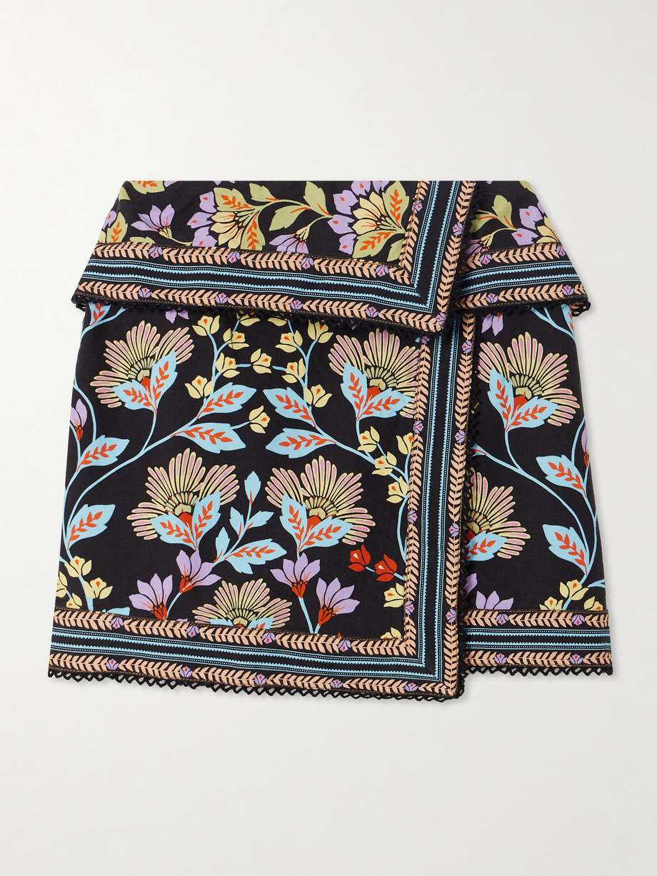 Based in Rio de Janeiro, Farm Rio designs all of its spirited prints in-house. This layered mini skirt is woven from cotton-twill and printed with an eye-catching floral motif with contrasting trims