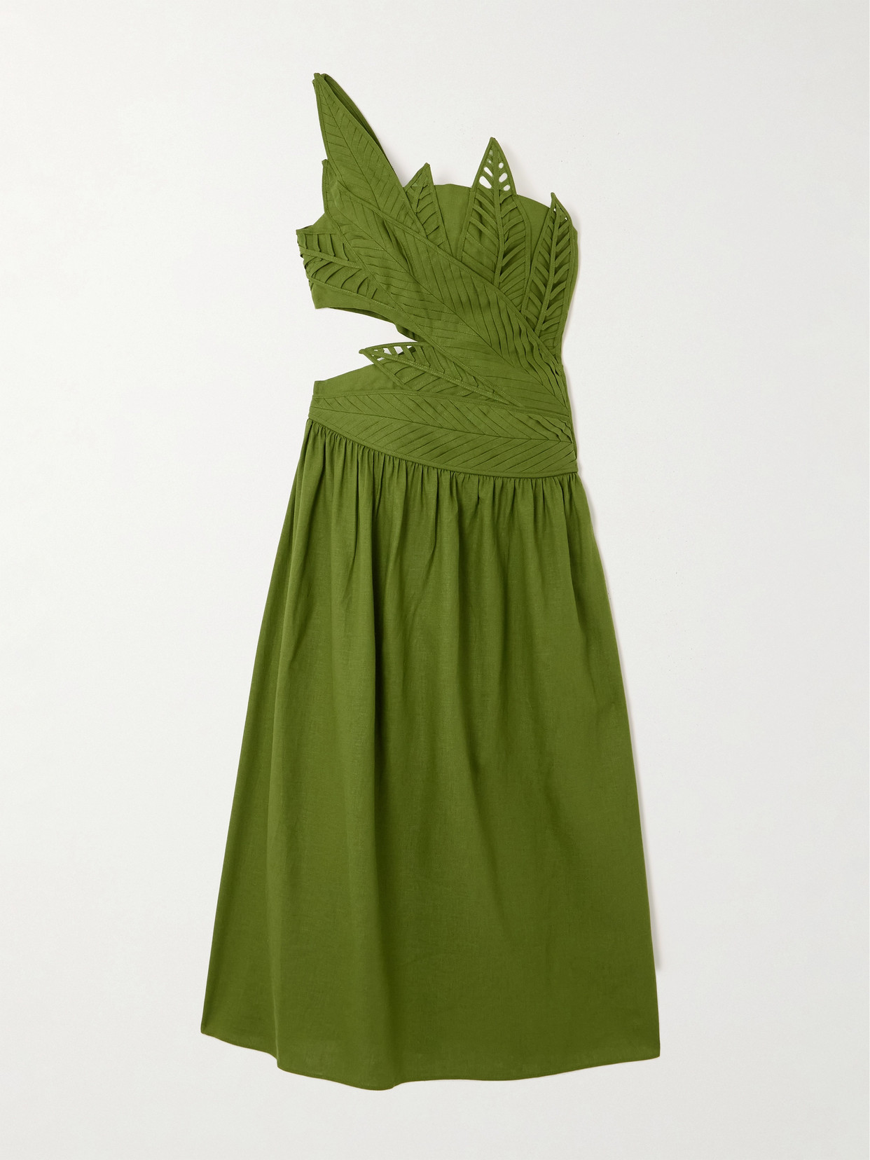 Farm Rio One-shoulder Cutout Linen-blend Midi Dress In Green