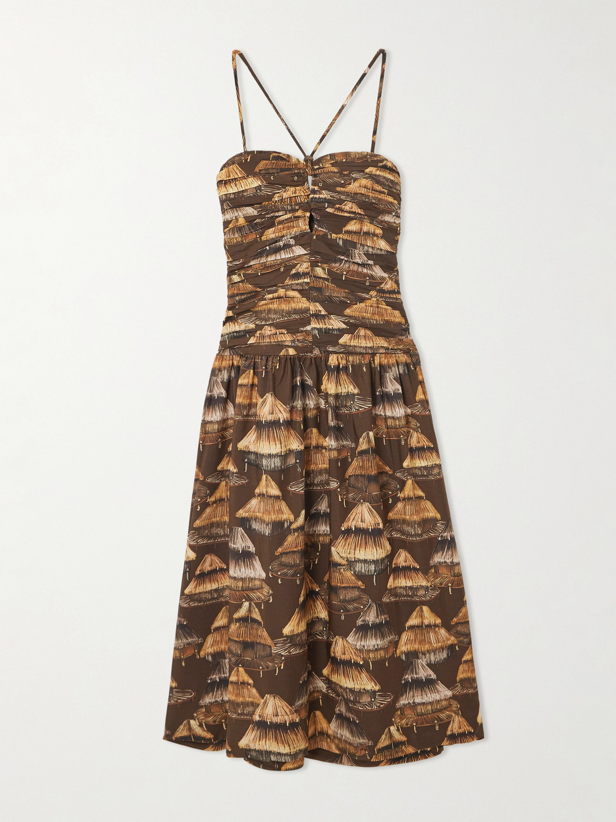 Farm Rio Shuhu Gathered Printed Tencel™ And Cotton-blend Maxi Dress In Brown