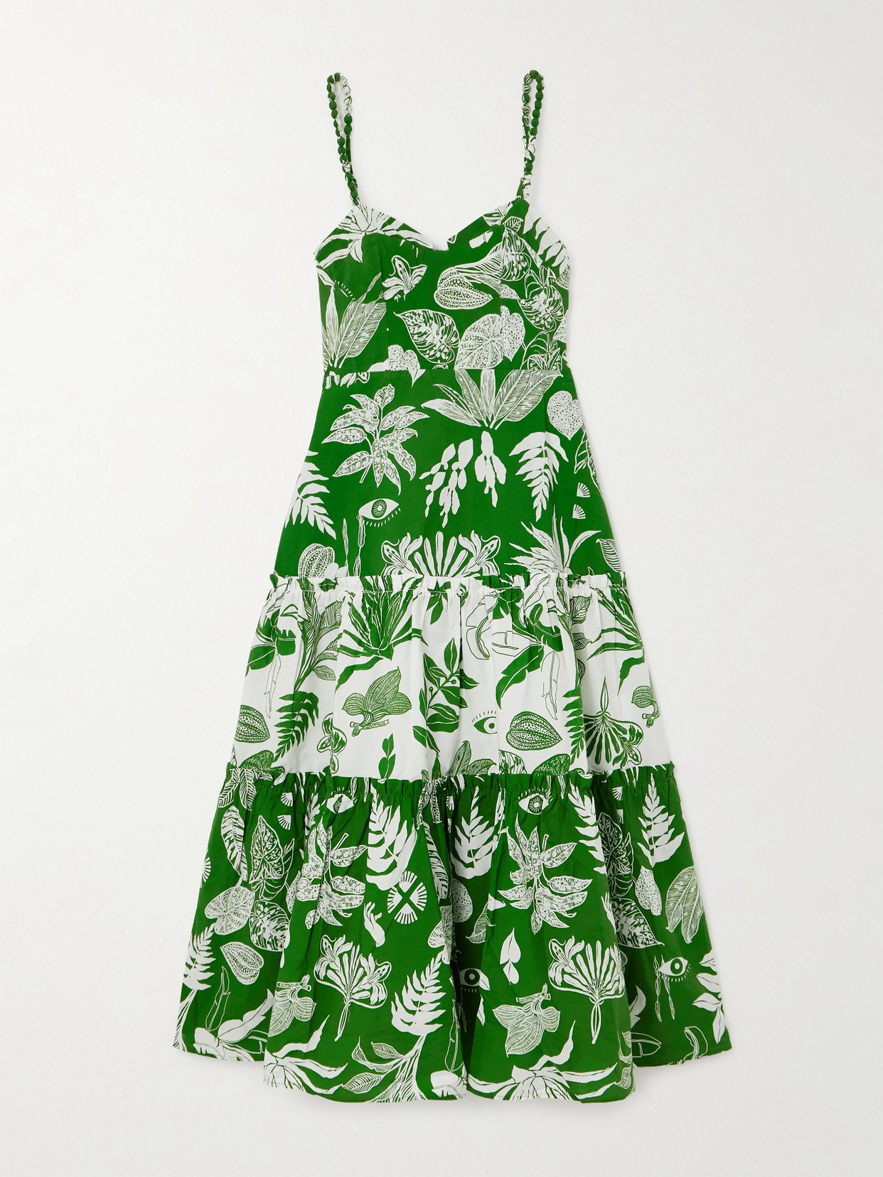 Shop Farm Rio Forest Soul Ruffled Tiered Printed Cotton Midi Dress In Green