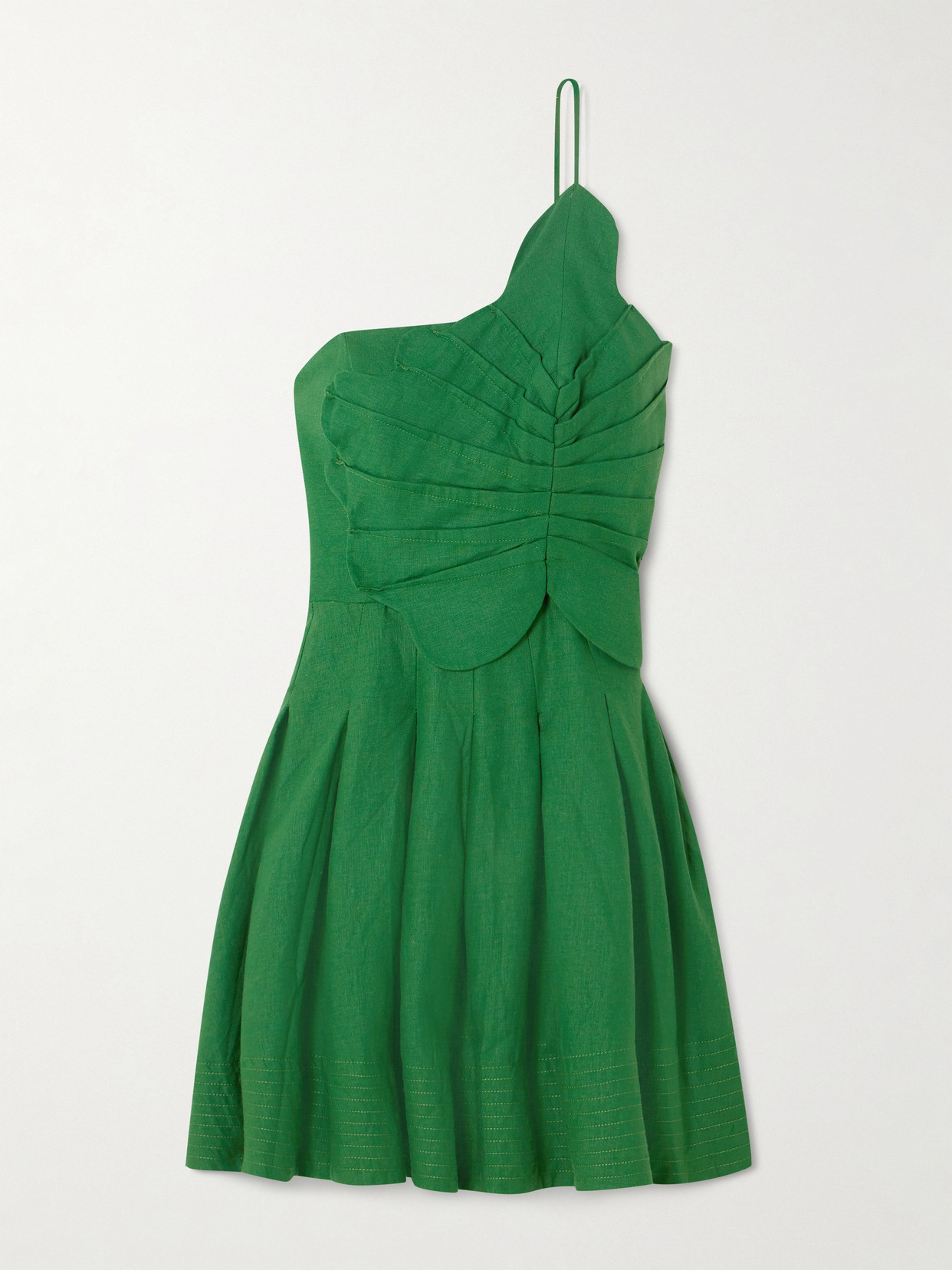 Shop Farm Rio Lea One-shoulder Pleated Linen-blend Mini Dress In Green