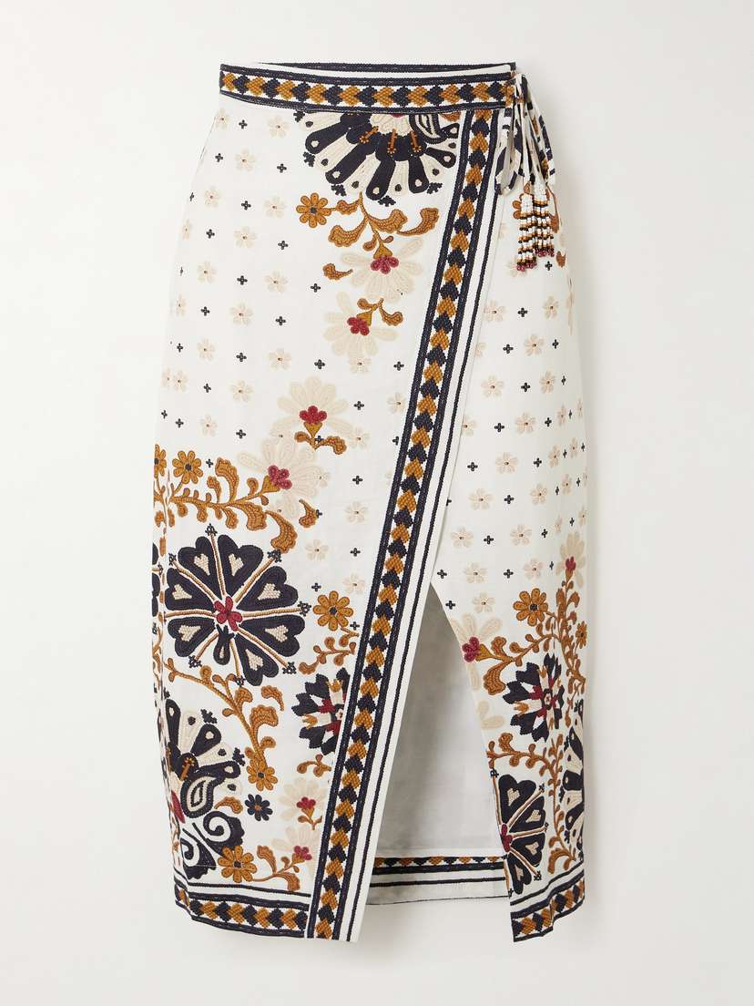 Farm Rio Flower Fan Tapestry Printed Linen-blend Wrap Skirt - x large