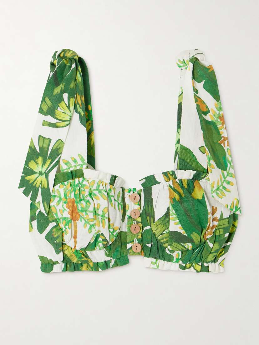 Farm Rio Tropical Forest Cropped Printed Linen Top