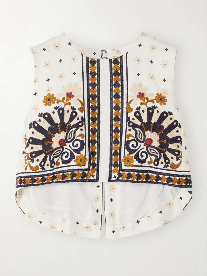 Farm Rio Flower Fan Tapestry Cropped Printed Linen-blend Top - x large