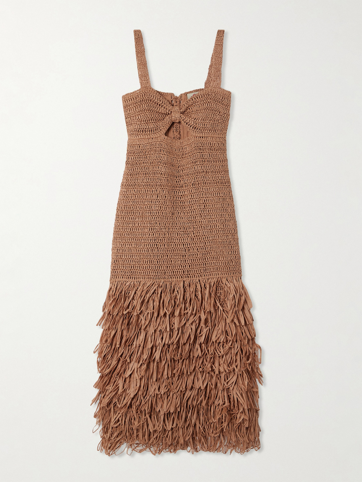 Shop Farm Rio Cutout Fringed Raffia Midi Dress In Brown