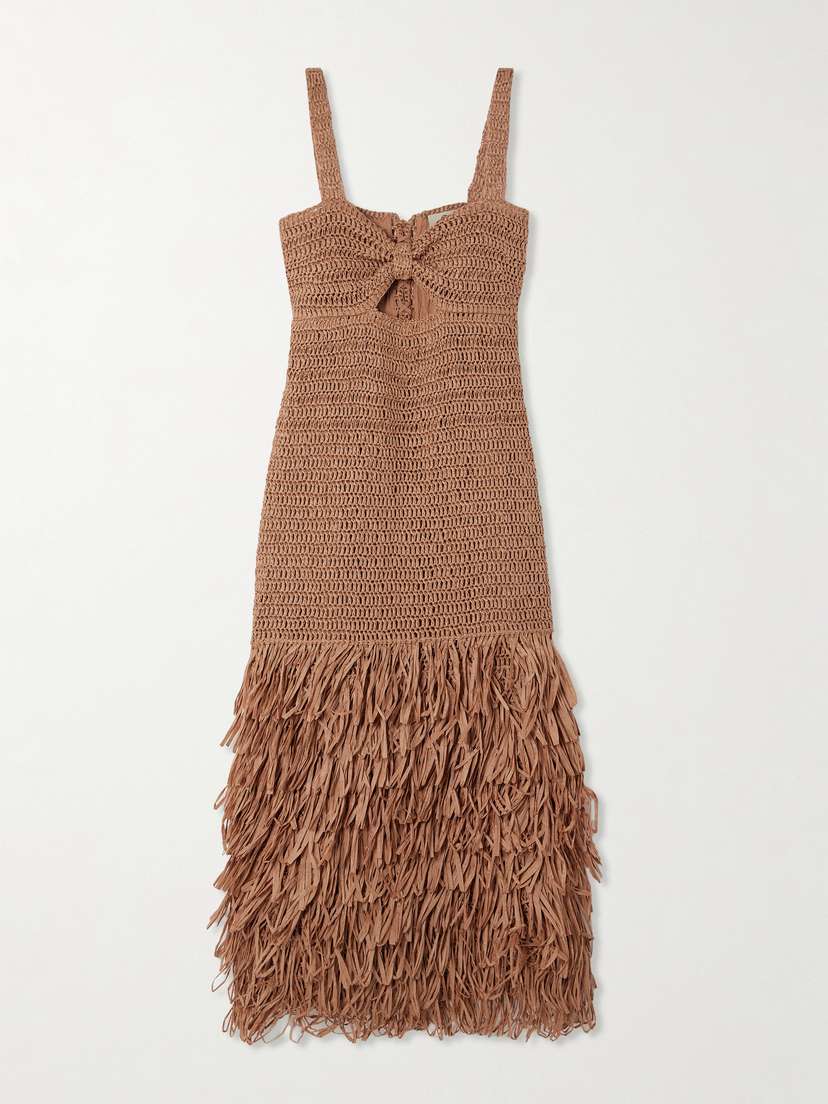 Farm Rio Cutout Fringed Raffia Midi Dress - x large