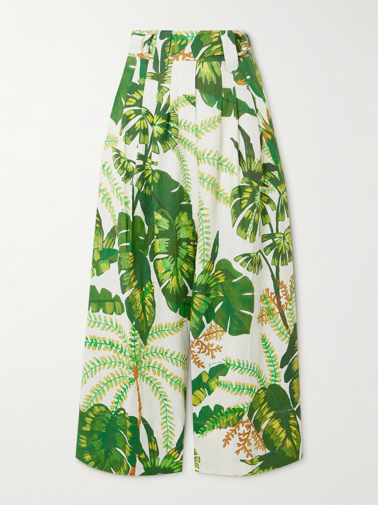 Shop Farm Rio Tropical Forest Pleated Printed Linen Wide-leg Pants In Green