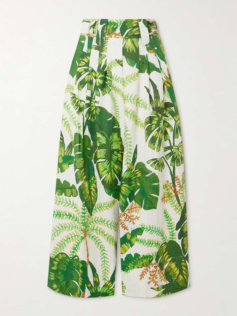 Farm Rio Tropical Forest Pleated Printed Linen Wide-leg Pants - x large