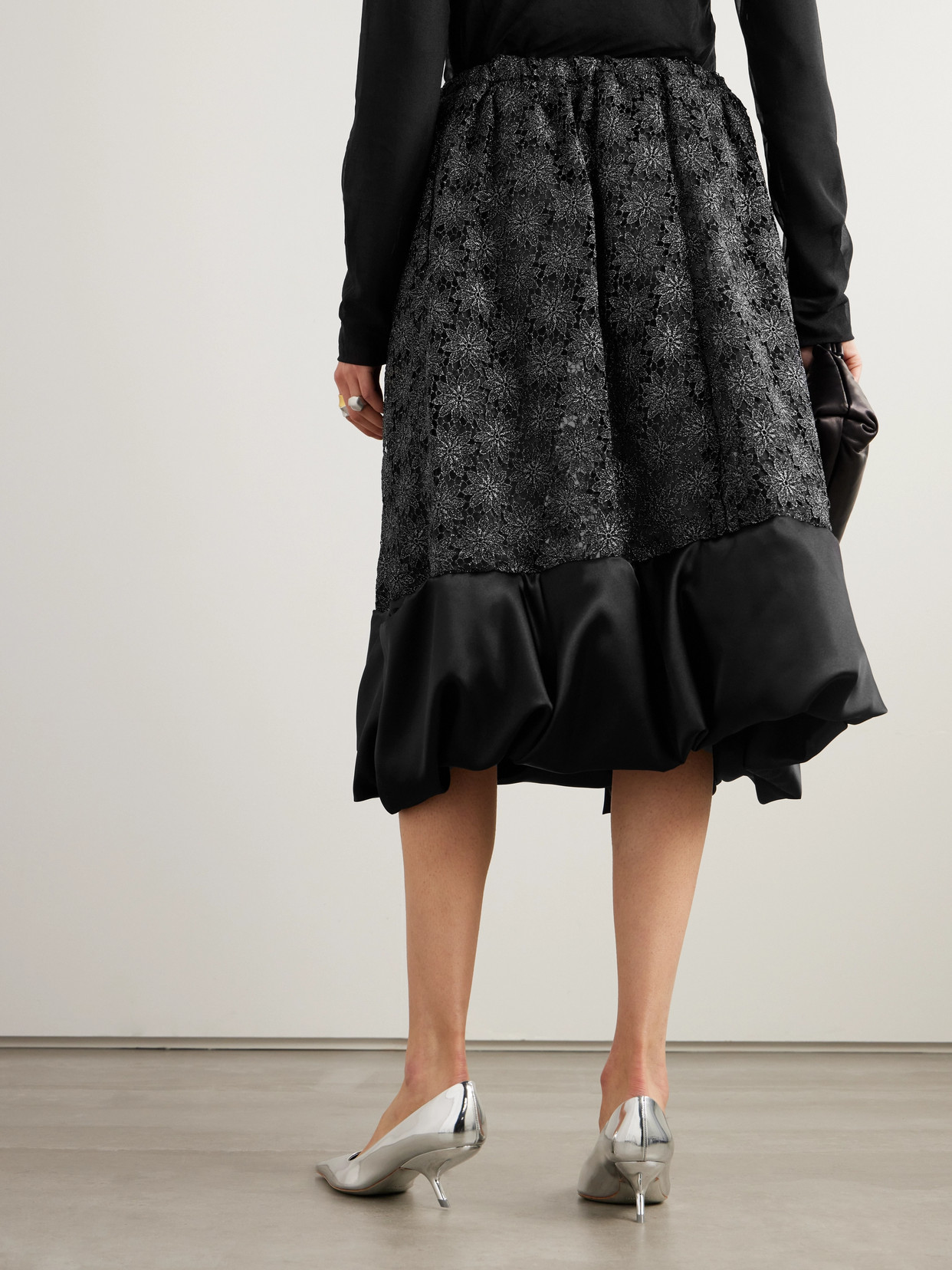 Shop Comme Des Garçons Comme Des Garçons Satin-trimmed Metallic Lace Midi Skirt In Black