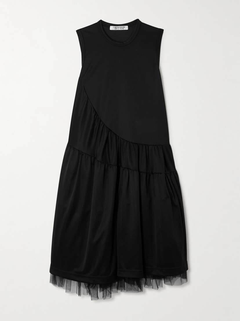 Comme des Garçons Comme des Garçons Honeycomb Tulle-trimmed Pleated Jersey Midi Dress