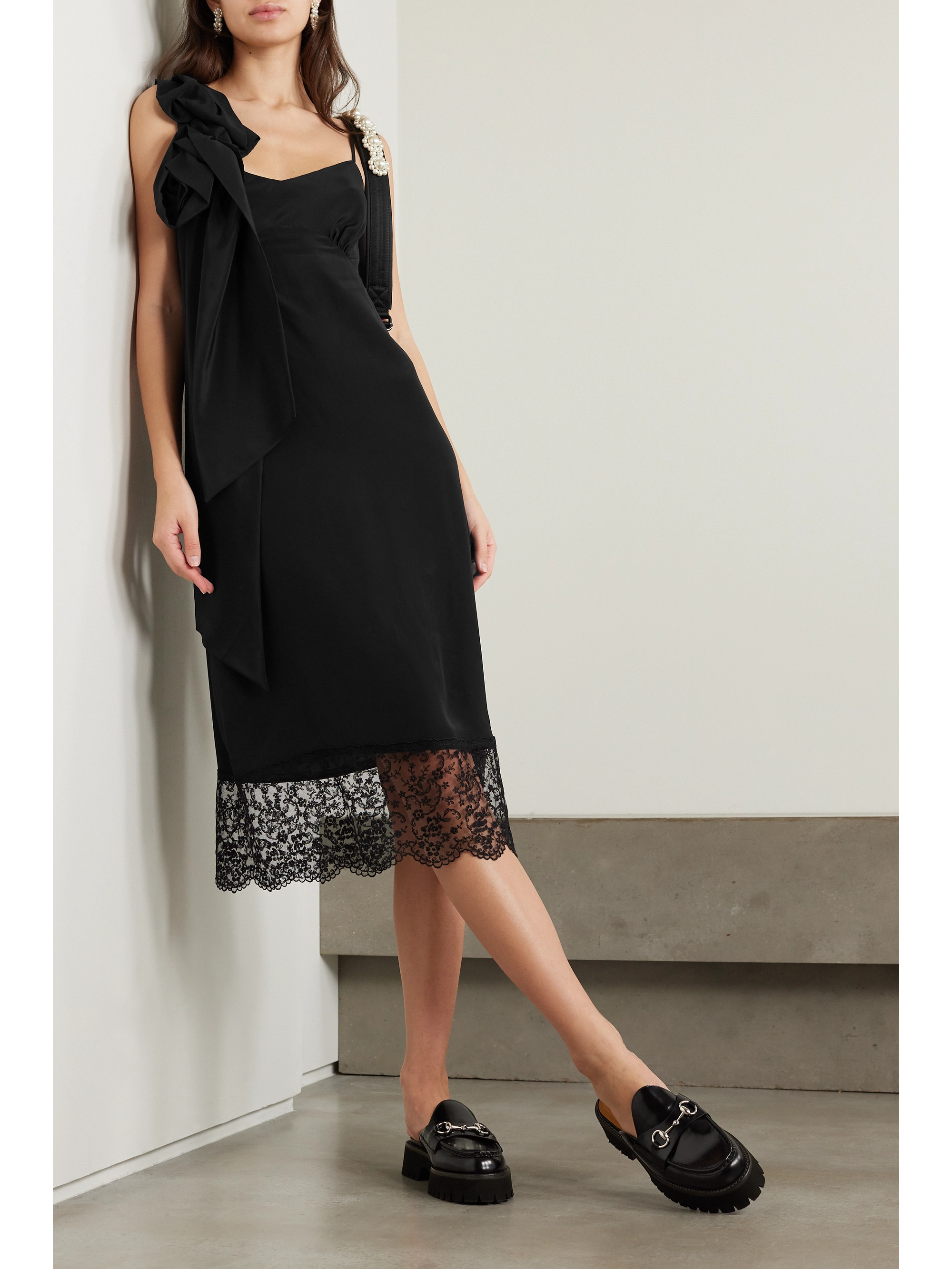 Simone Rocha Lace-trimmed draped crepe midi dress