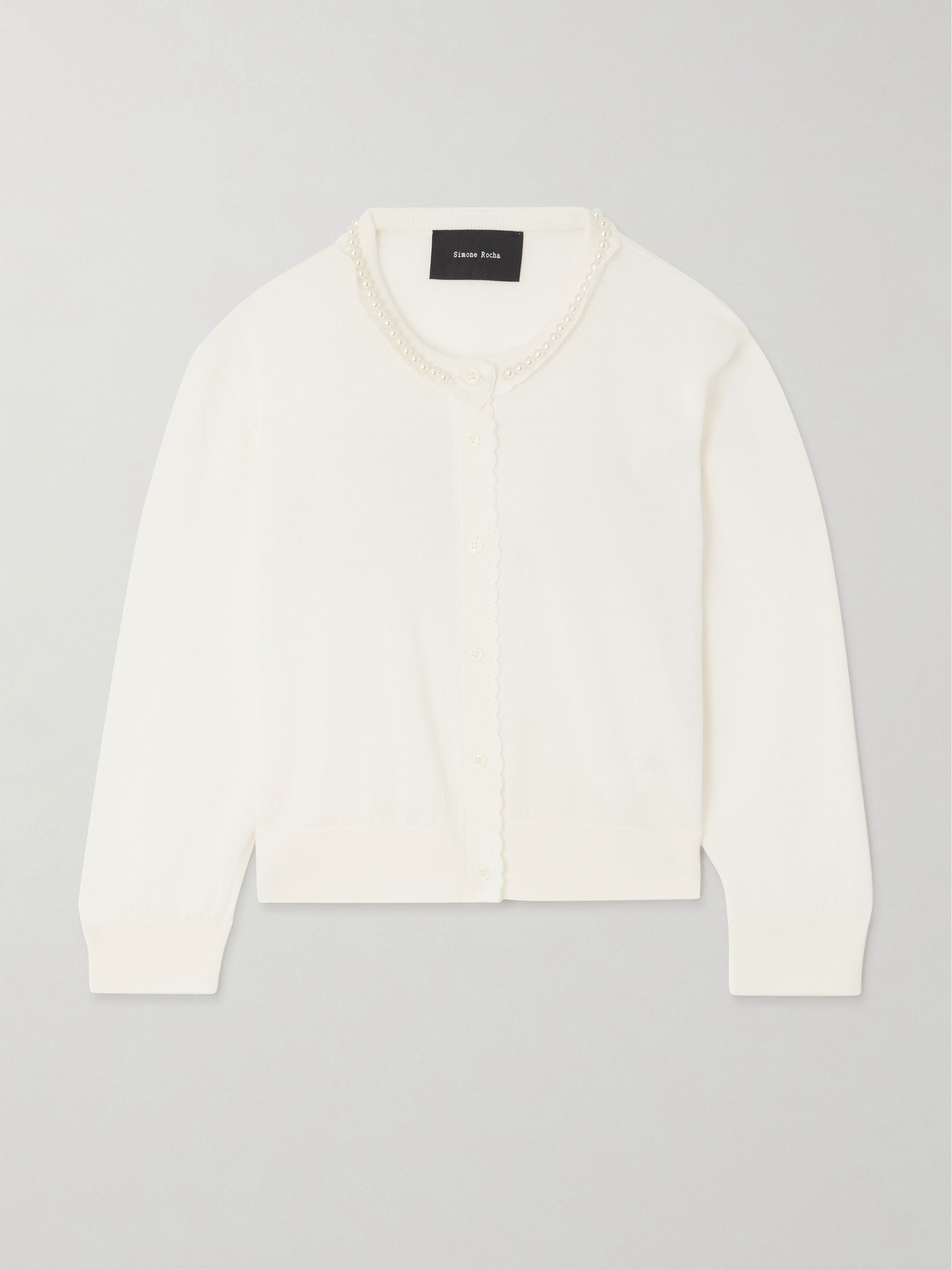 Shop Simone Rocha Cropped Faux Pearl-embellished Merino Wool And Silk-blend Cardigan In White