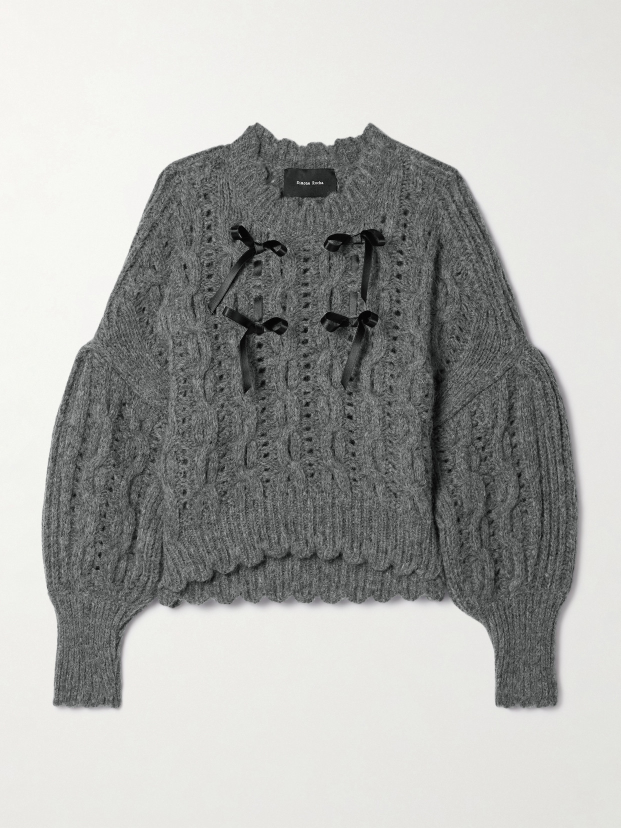 Shop Simone Rocha Bow-embellished Cable-knit Alpaca-blend Sweater In Gray