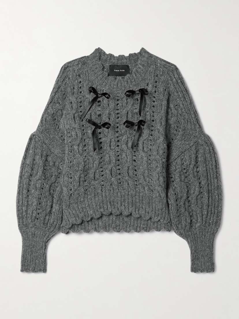 Simone Rocha Bow-embellished Cable-knit Alpaca-blend Sweater
