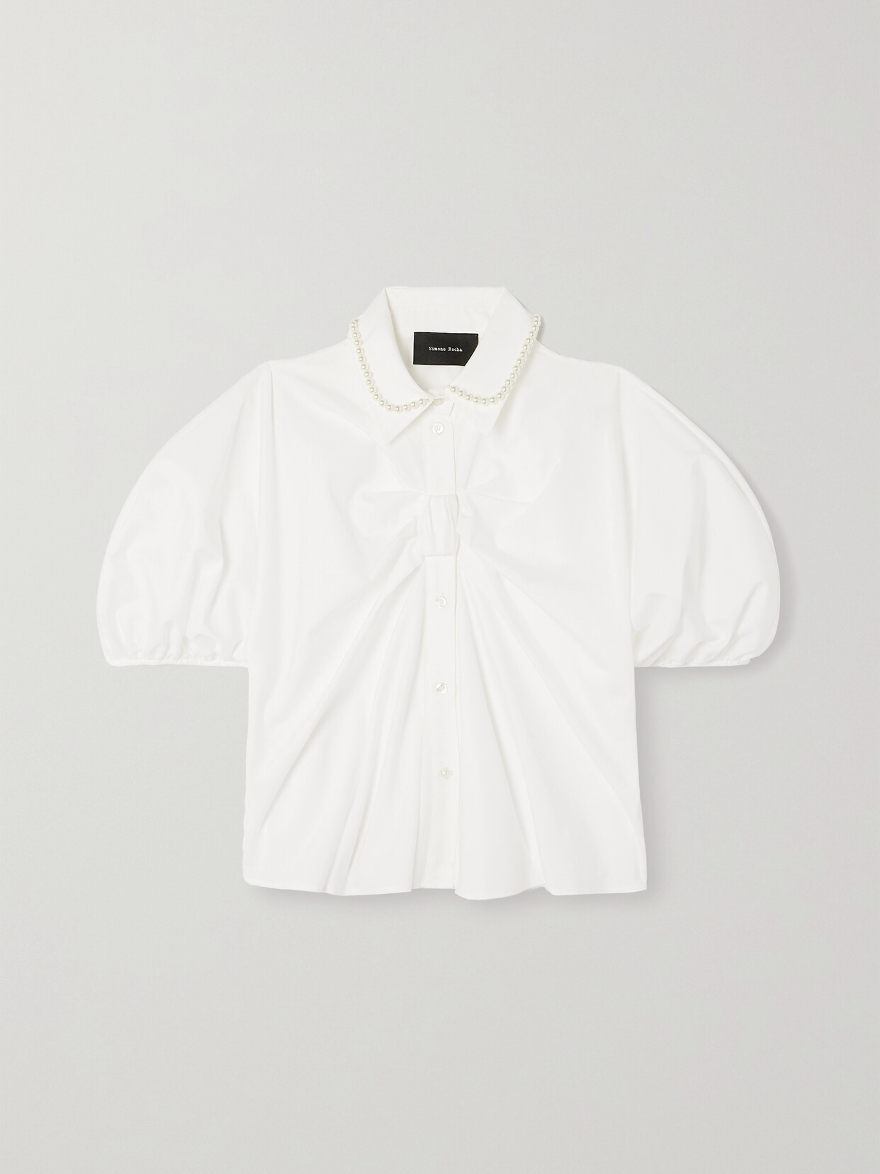 Shop Simone Rocha Faux Pearl-embellished Gathered Cotton-poplin Shirt In White