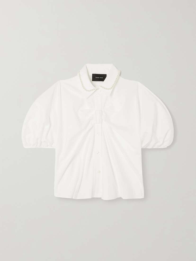 Simone Rocha Faux Pearl-embellished Gathered Cotton-poplin Shirt - UK 14