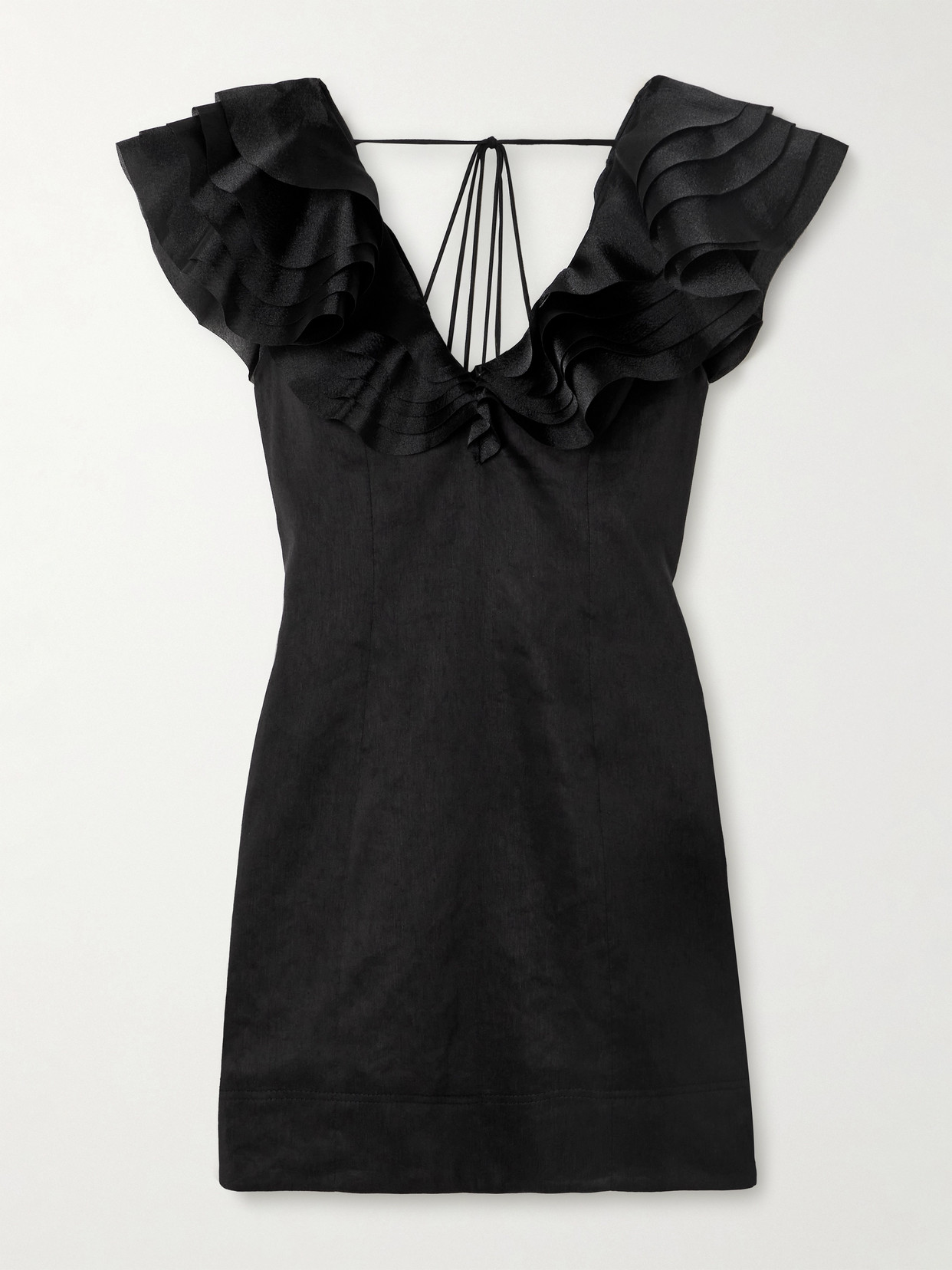 Aje Charmed Ruffled Satin-trimmed Linen-blend Mini Dress In Black