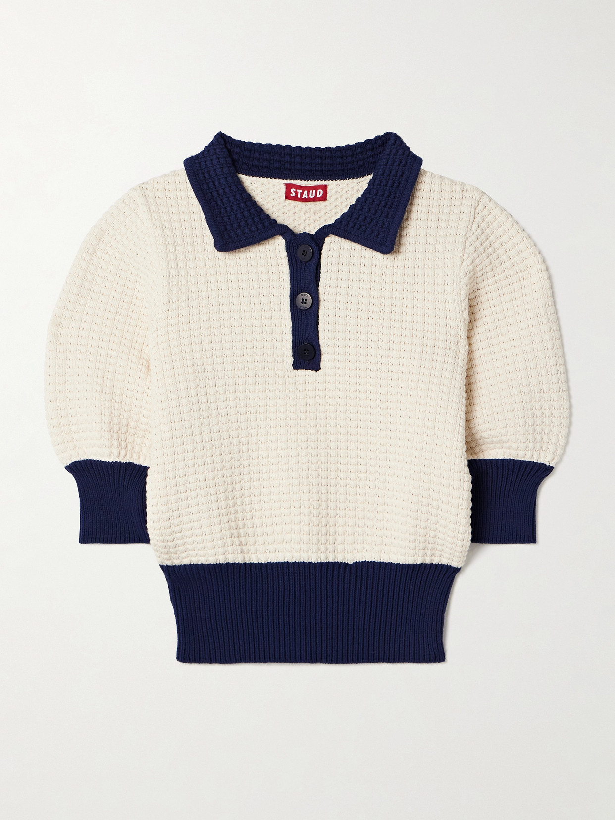 STAUD - Altea Two-tone Waffle-knit Cotton-blend Polo Shirt - Ivory