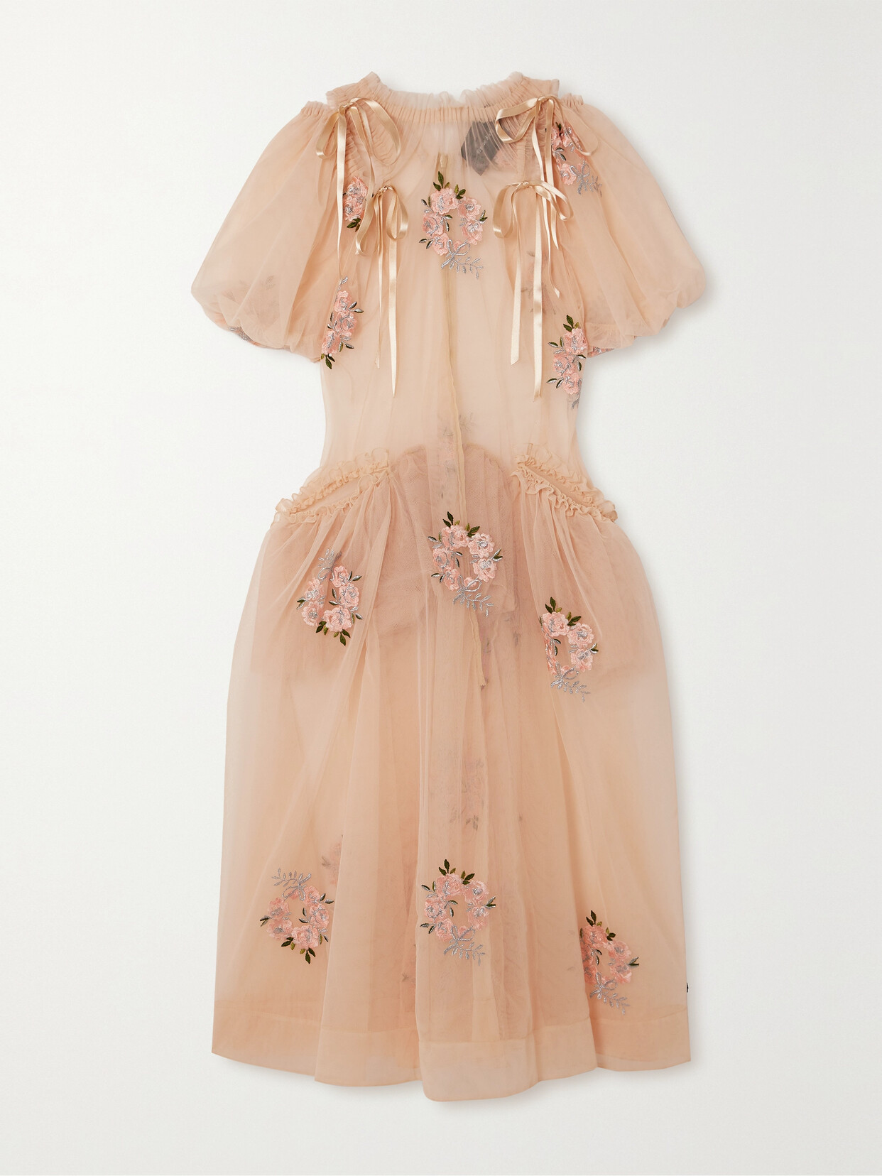 Simone Rocha - Satin-trimmed Cutout Embroidered Tulle Midi Dress - Neutrals