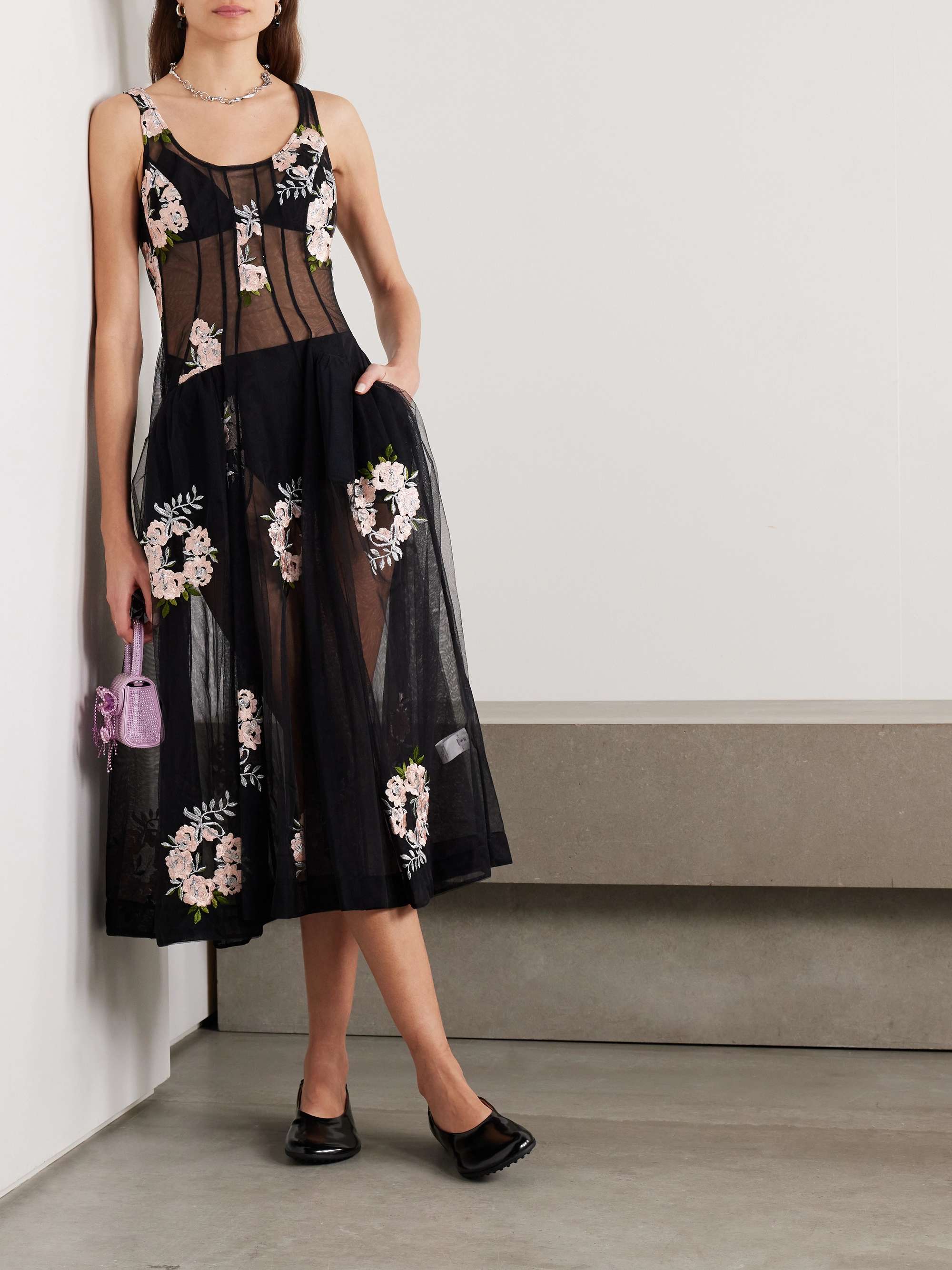 SIMONE ROCHA Embroidered tulle midi dress | NET-A-PORTER