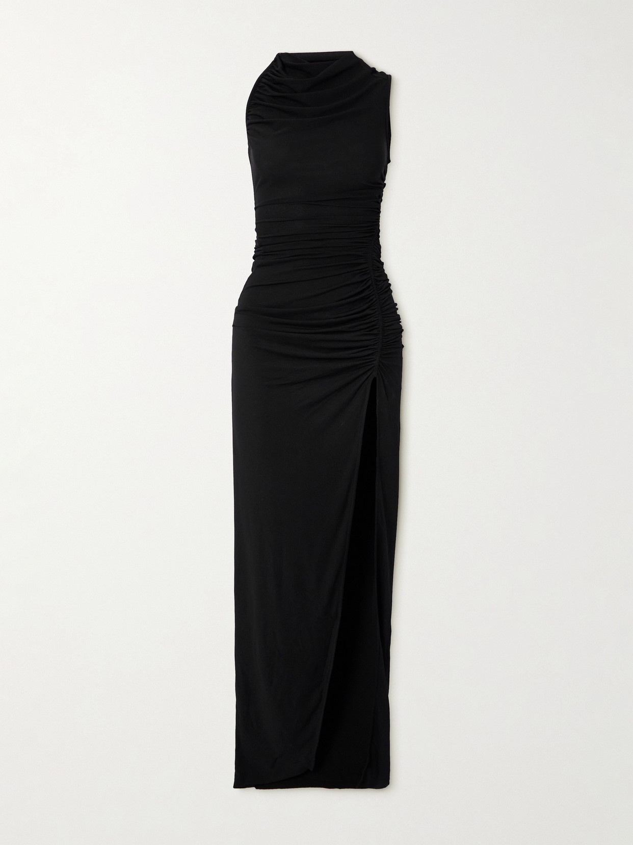 Rick Owens Svita Asymmetric Ruched Velvet Maxi Dress In Black