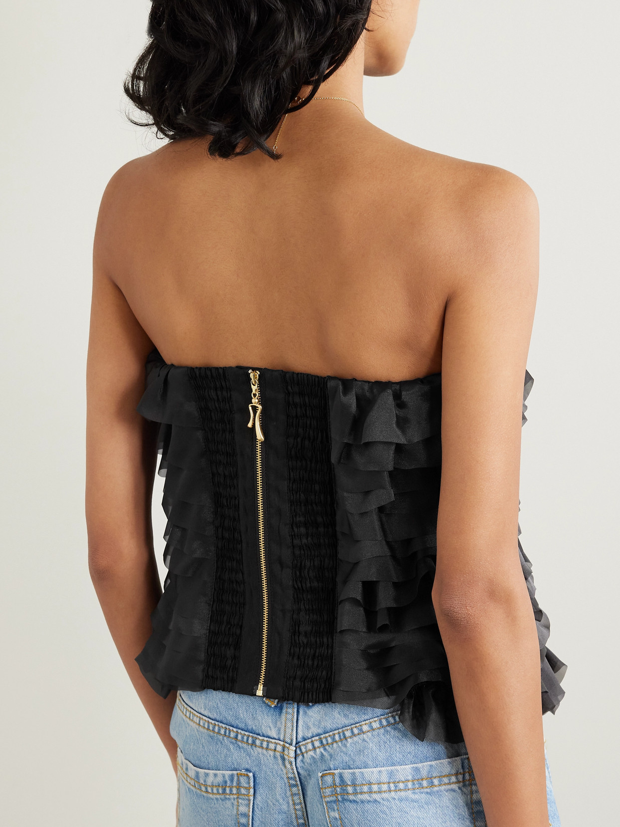 Aje Charmed Ruffled Organza Bustier Top In Black