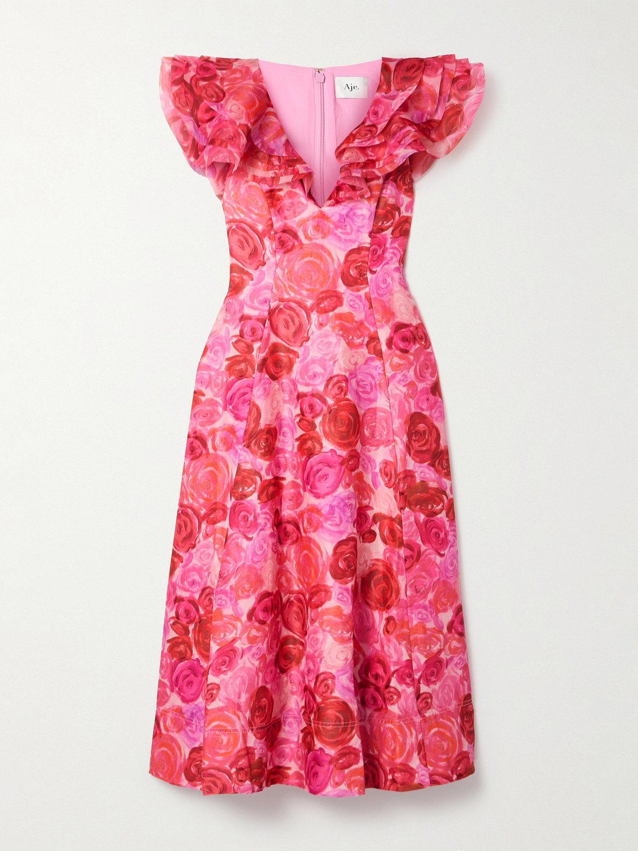 Aje Enchanted Organza-trimmed Ruffled Floral-print Linen-blend Midi Dress In Pink