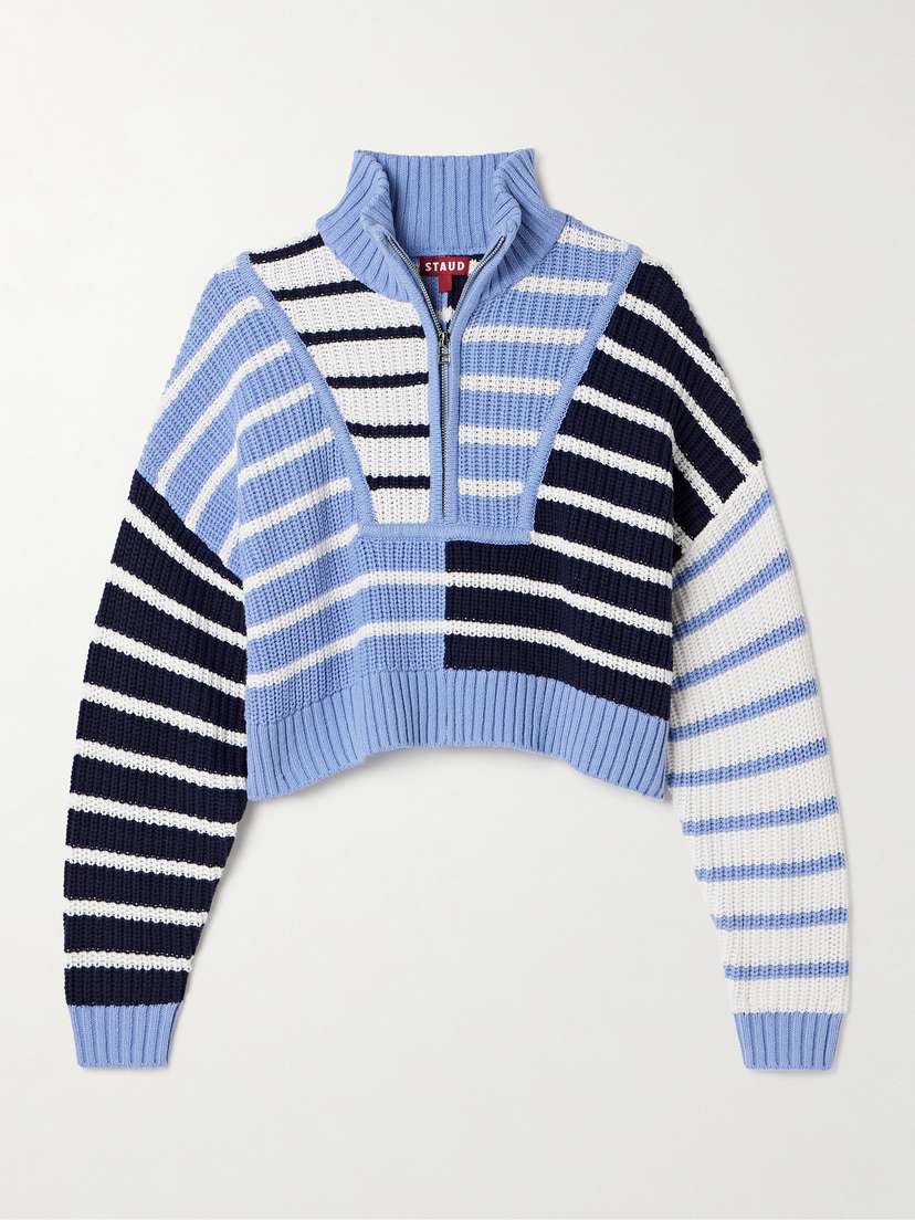 STAUD Hampton Cropped Striped Cotton-blend Sweater