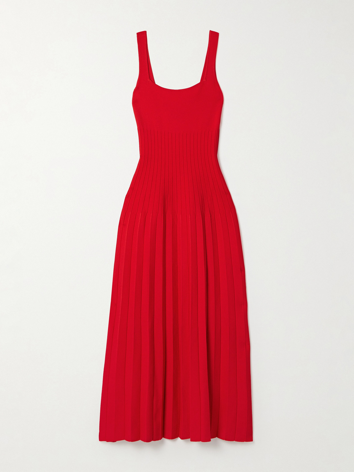 STAUD - Ellison Pleated Ribbed-knit Midi Dress - Red