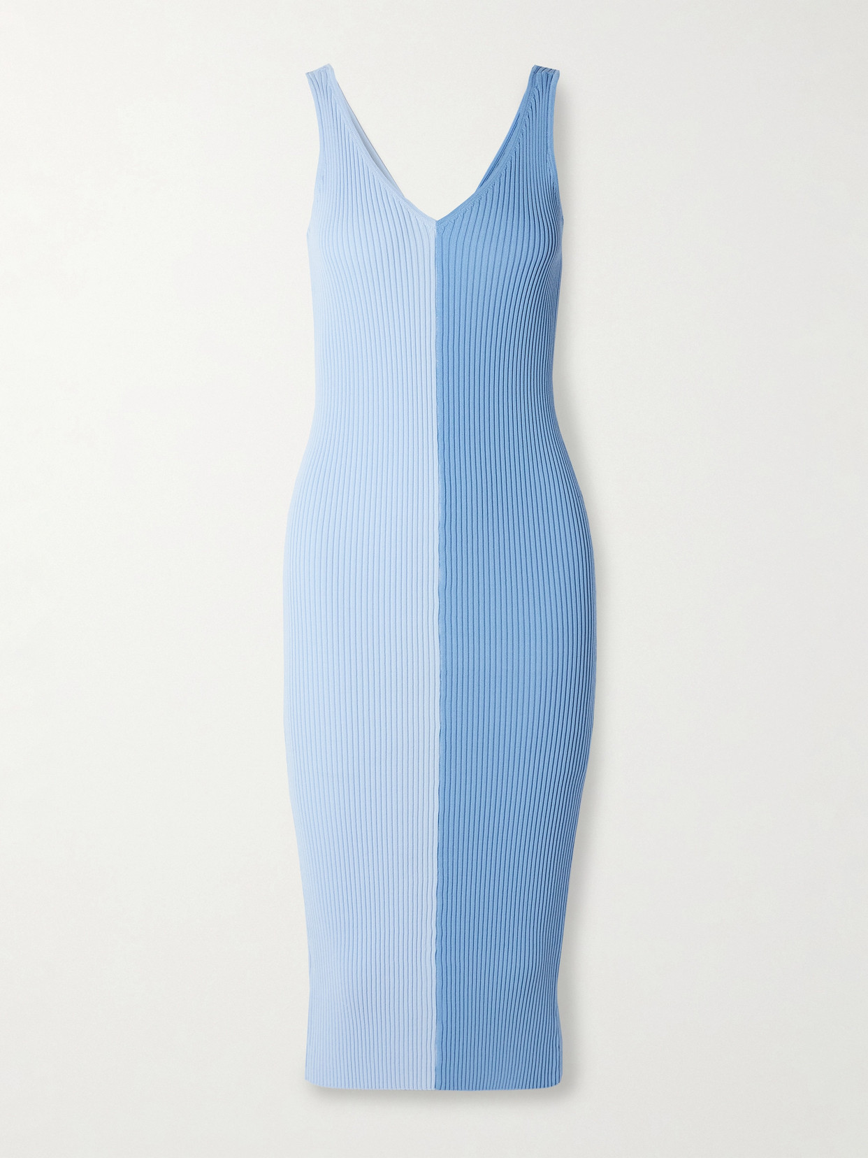 STAUD DANA TWO-TONE RIBBED-KNIT MIDI DRESS