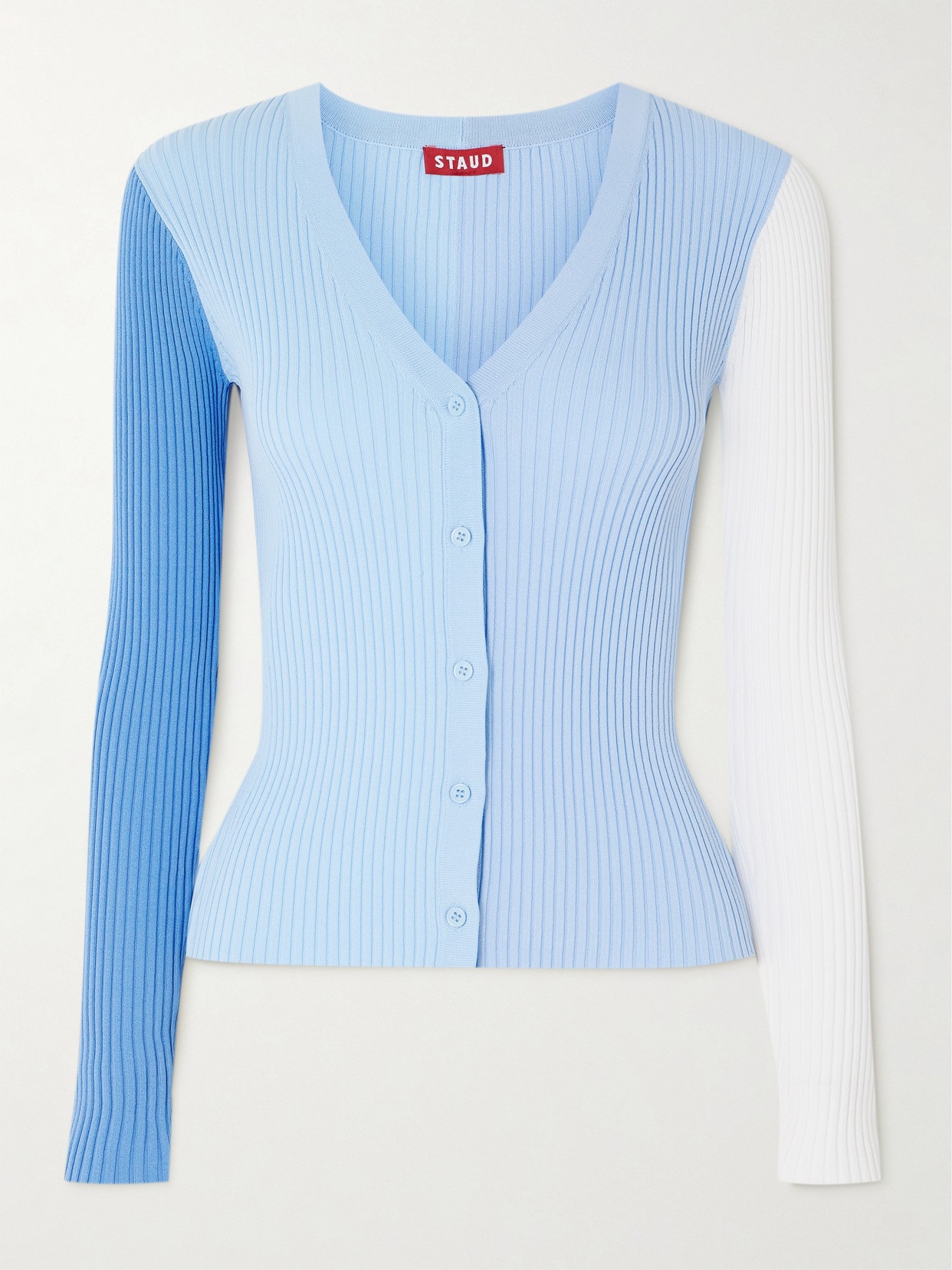 Staud Paneled Color-block Ribbed-knit Cardigan In Blue