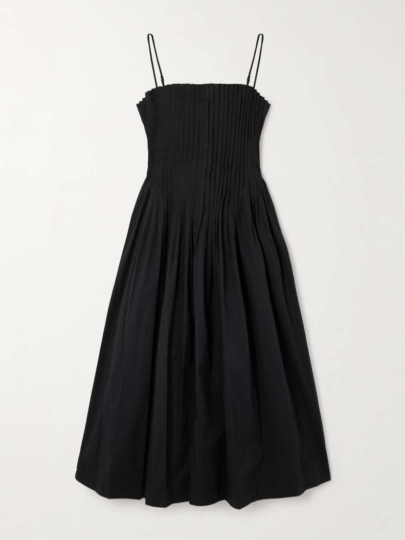 Staud Bella Pleated Cotton-blend Poplin Midi Dress