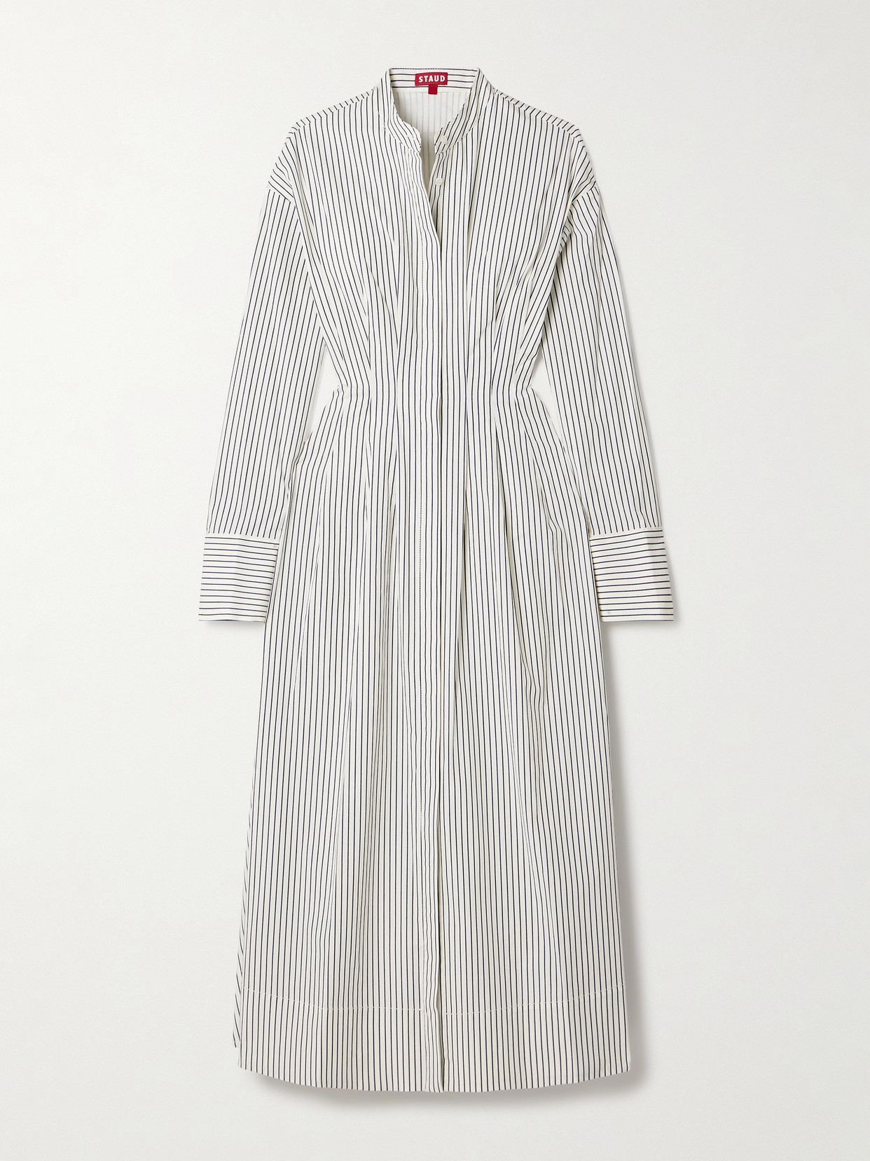 Staud Lorenza Pleated Striped Cotton-blend Midi Dress In Ivory