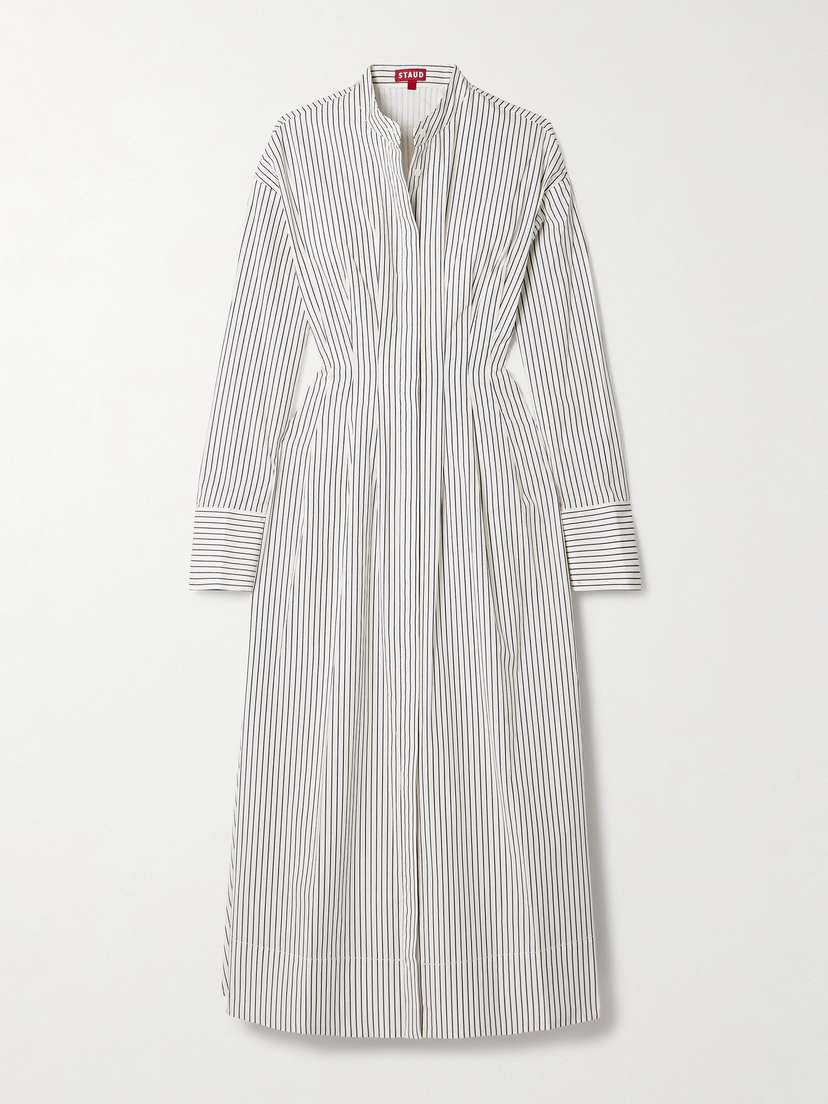 STAUD Lorenza Pleated Striped Cotton-blend Midi Dress