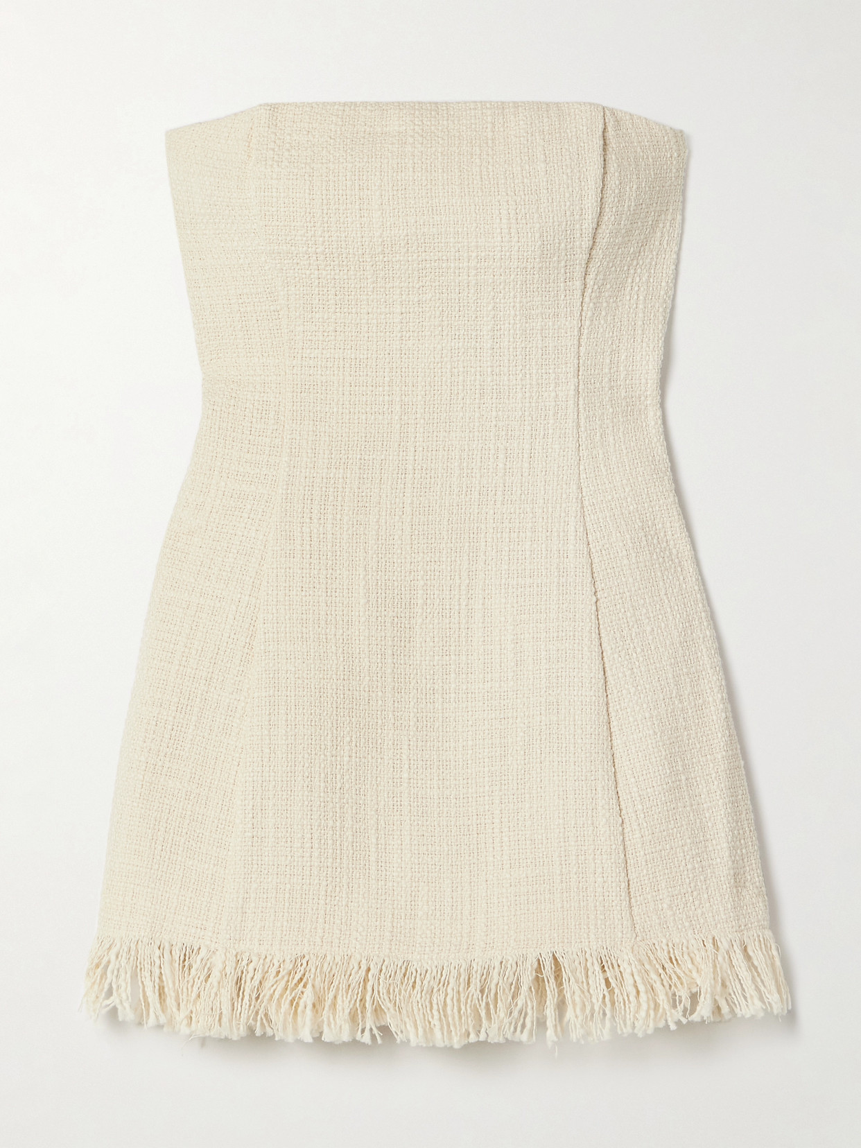 Shop Staud Silvia Strapless Frayed Cotton-tweed Top In Ivory